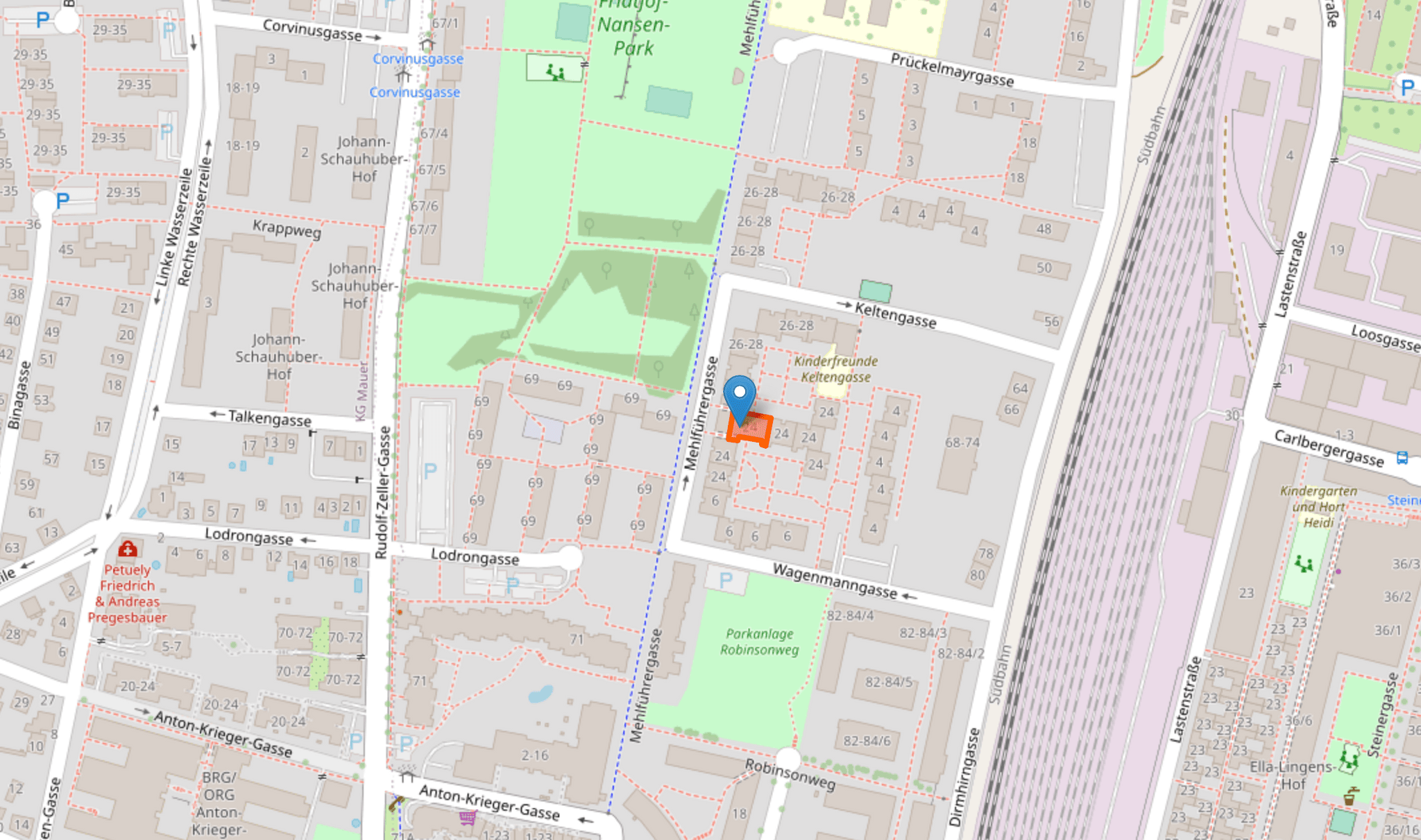 Straßenkarte mit Markierung des Standortes